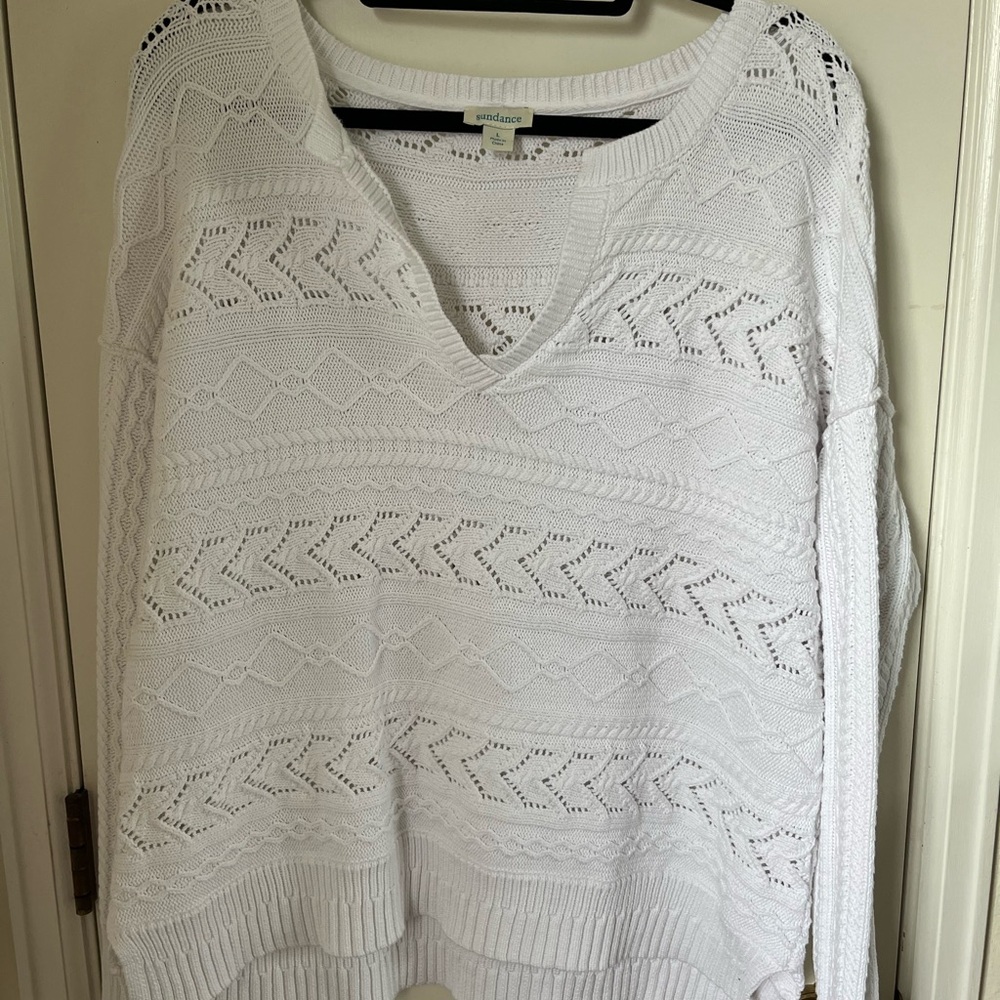 Sundance Woman’s “Rita” 100% Cotton Sweater White Cable Knit Sweater Size Large - Picture 2 of 6